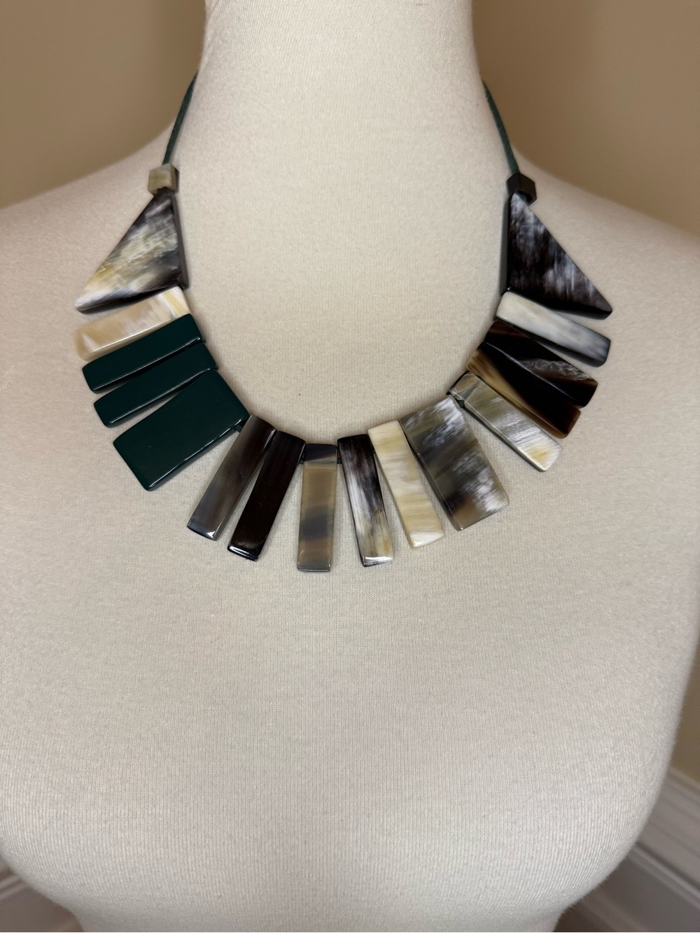 Handmade Multicolor Horn Statement Necklace - Green & Neutral Tones